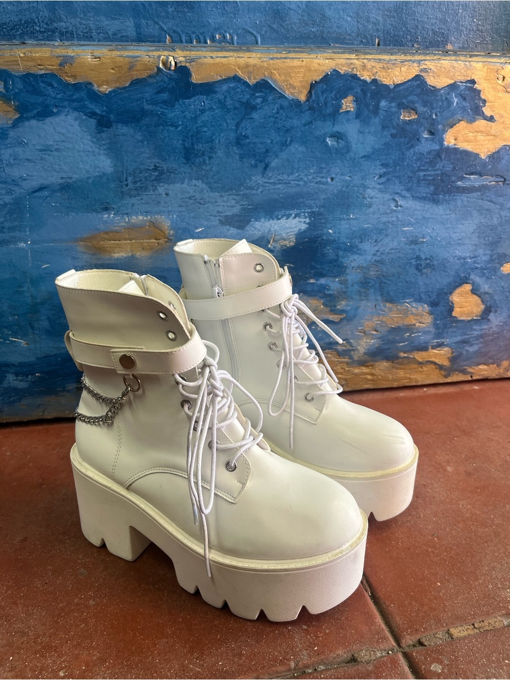 White Chunky Platform Lace-Up Ankle Boots with Chain Accent